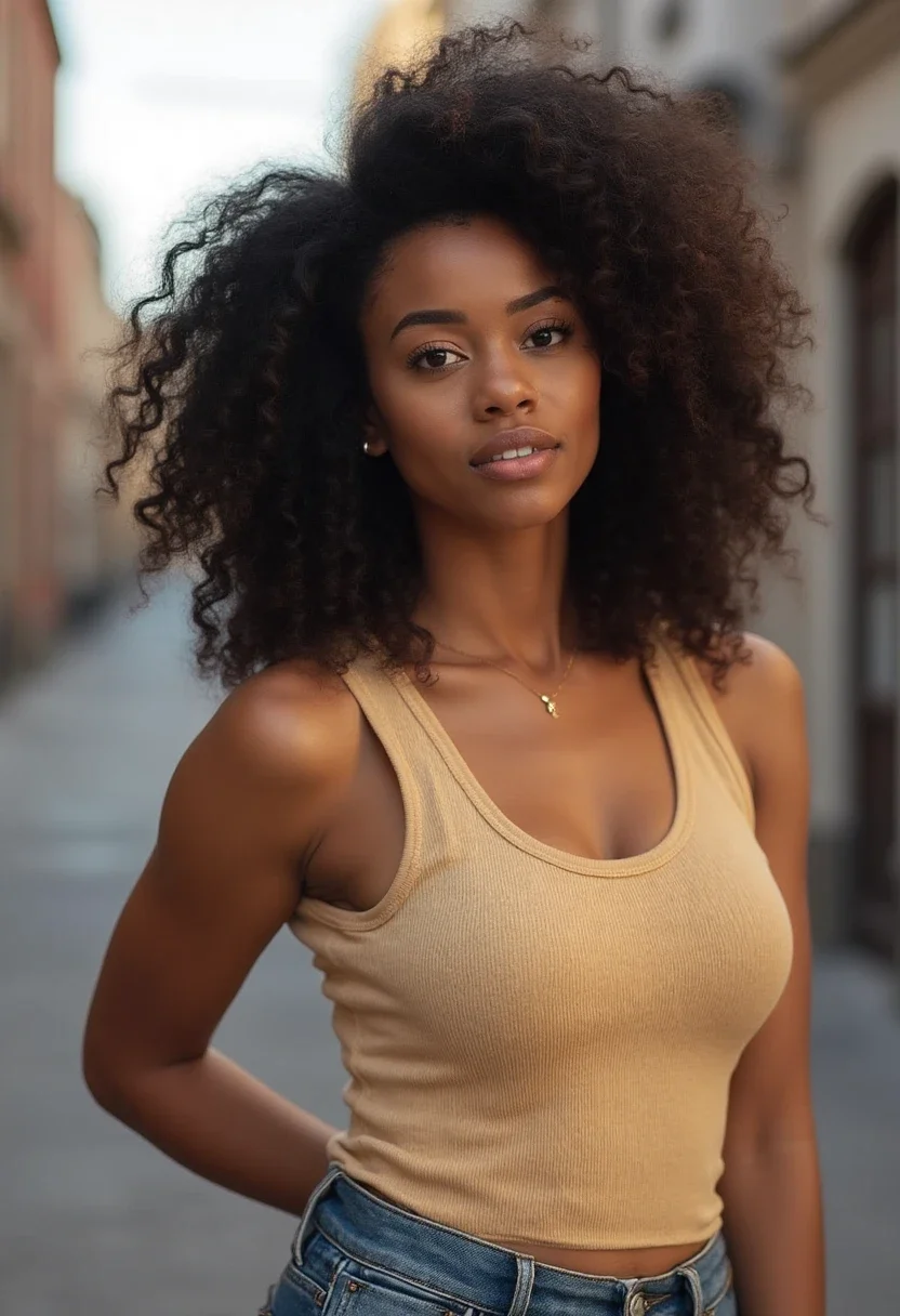 Black woman with a half-up bow hairstyle, blending casual elements with a playful touch.