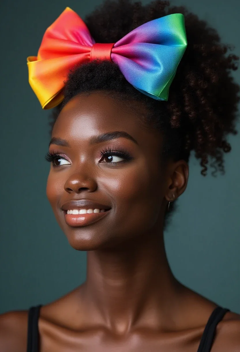 Black woman with colorful bow highlights hairstyle, showcasing vibrant colors and creativity.