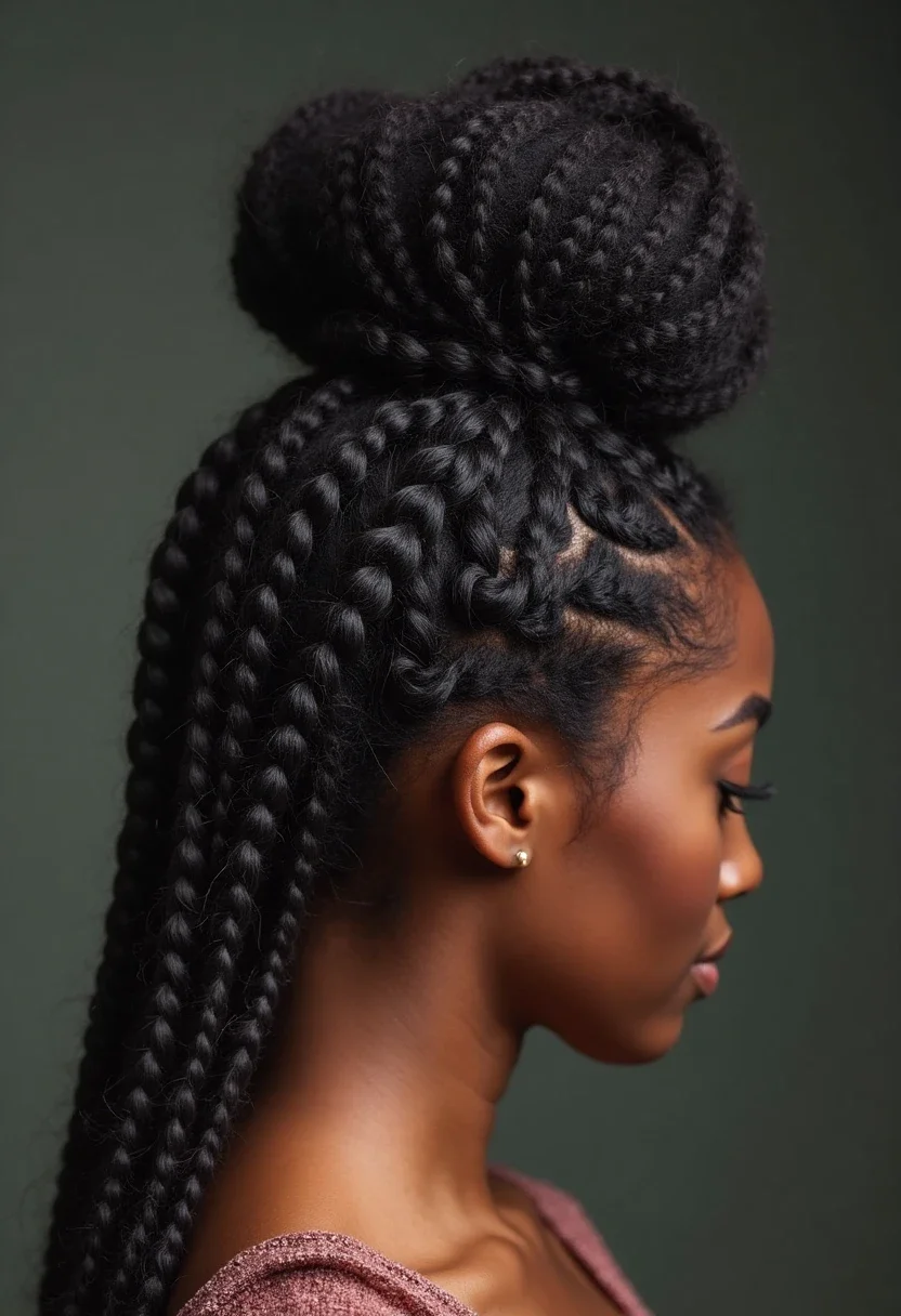 Black woman with a braided bow bun hairstyle, featuring intricate braids and a stylish bow.