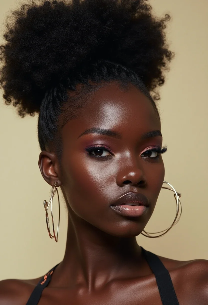 Black woman with a voluminous bow ponytail hairstyle, highlighting boldness and glamour.