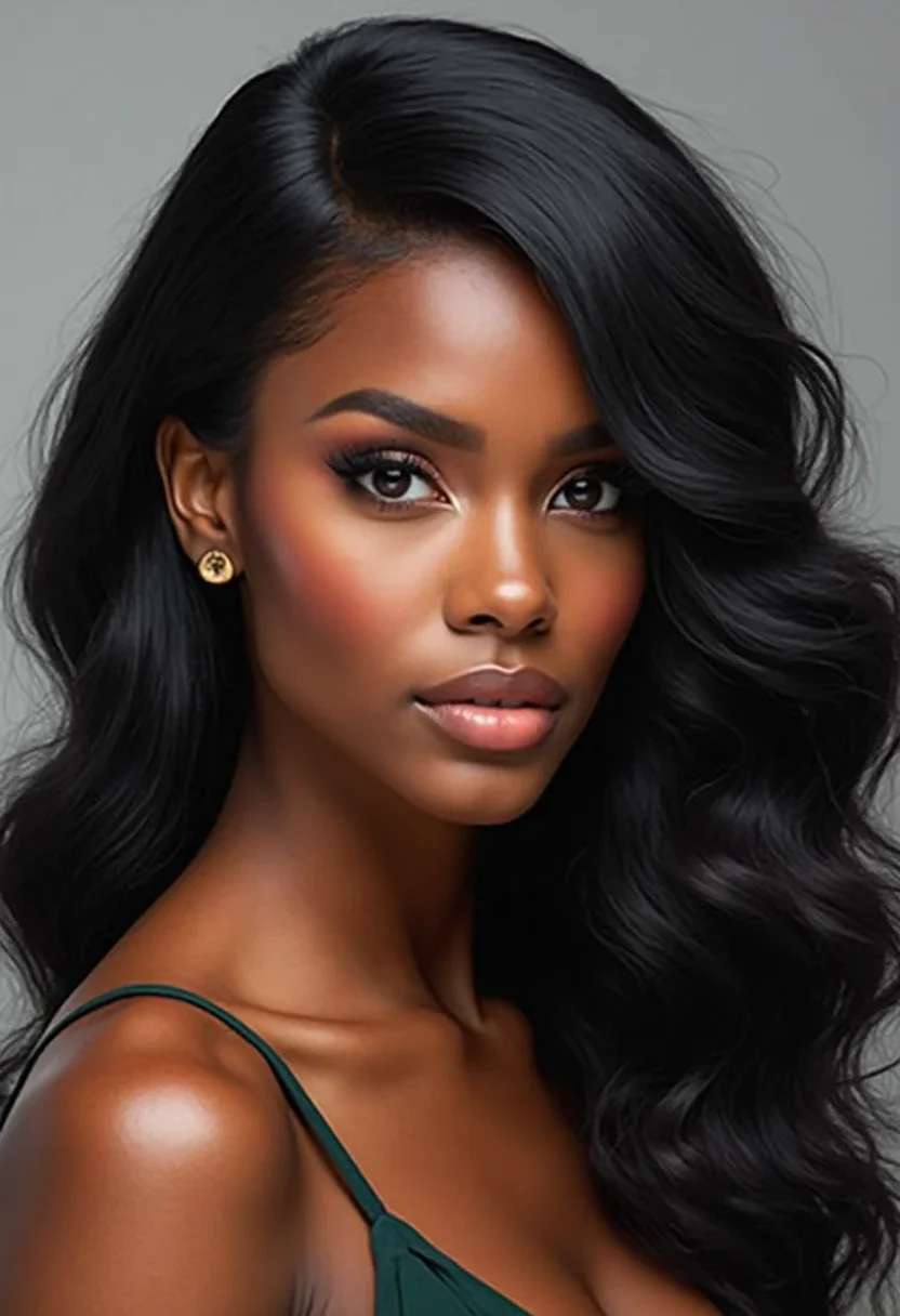 Black woman with side-swept bow curls hairstyle, showcasing elegance and romance.
