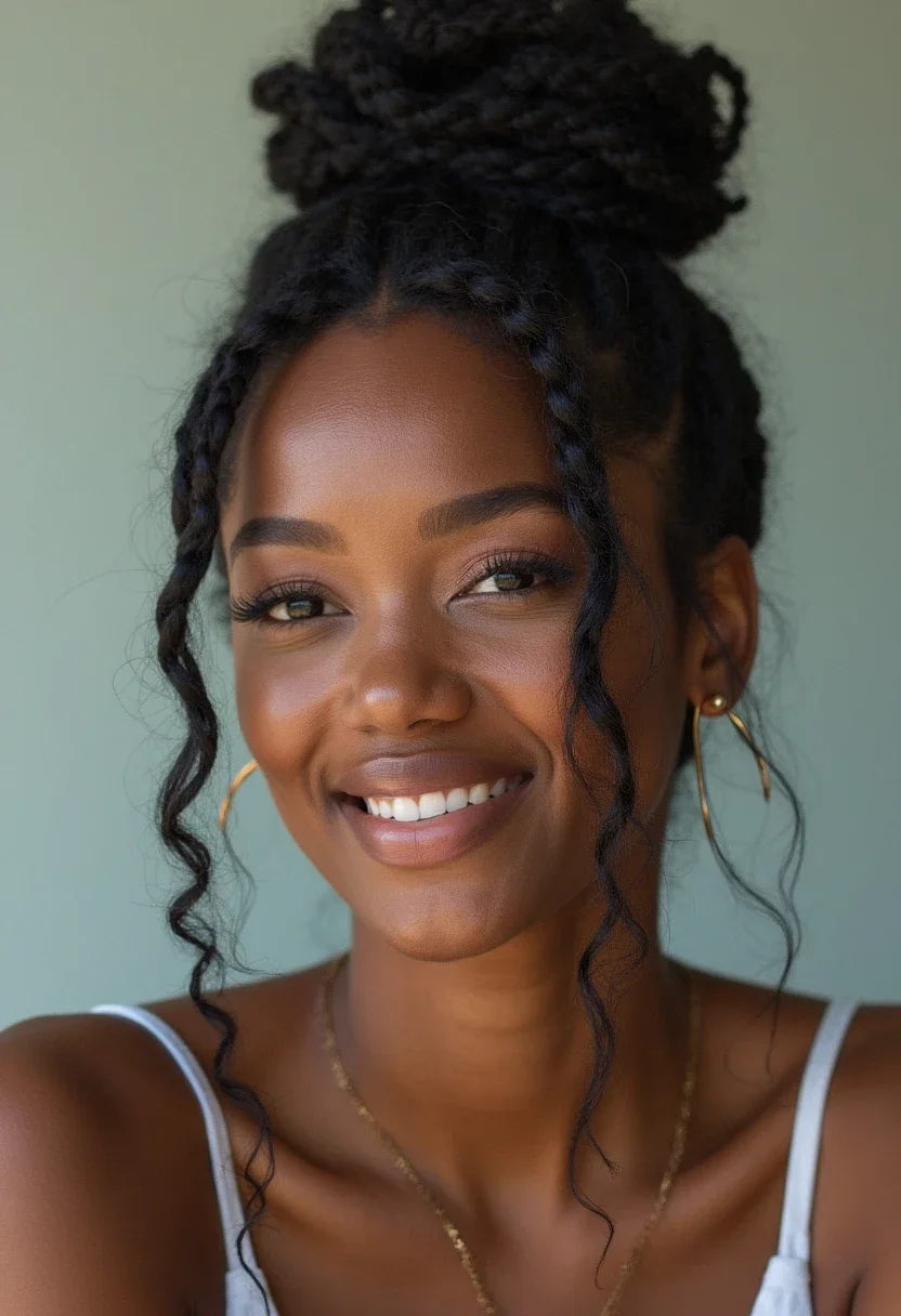 Black woman with twist and bow hairstyle, combining natural twists with a stylish bow.