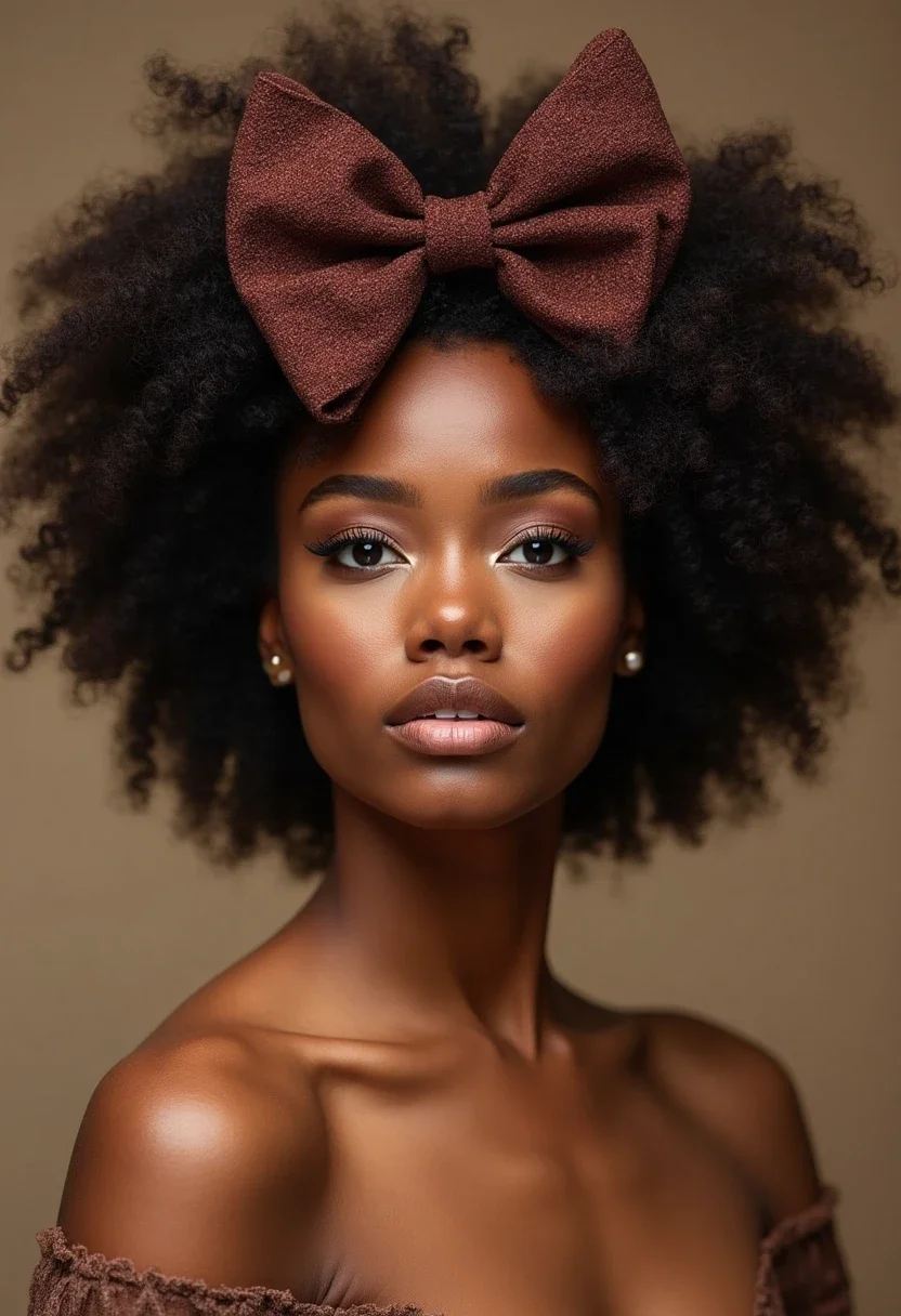 Black woman with a natural hair bow hairstyle, celebrating natural curls and volume.