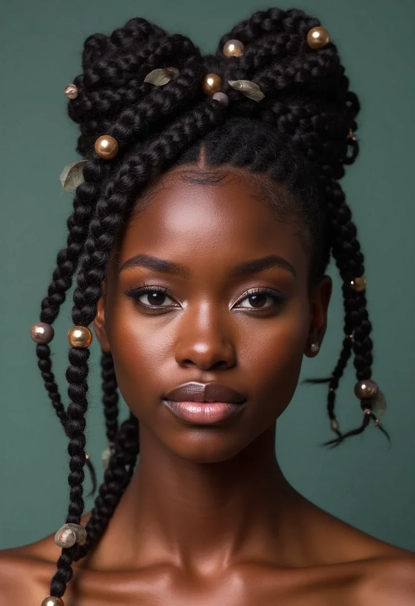 Black woman with box braids in a bow hairstyle, combining practicality and style.