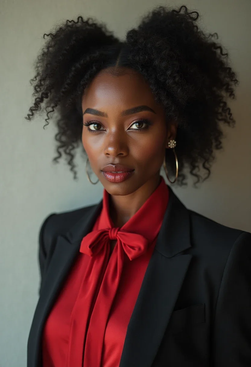 Black woman with a sleek bow chignon hairstyle, showcasing sophistication and professionalism.