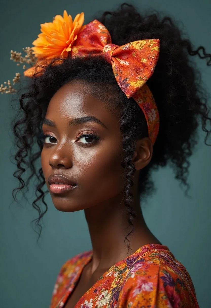 Black woman with a floral accented bow hairstyle, featuring vibrant flowers and a whimsical look.