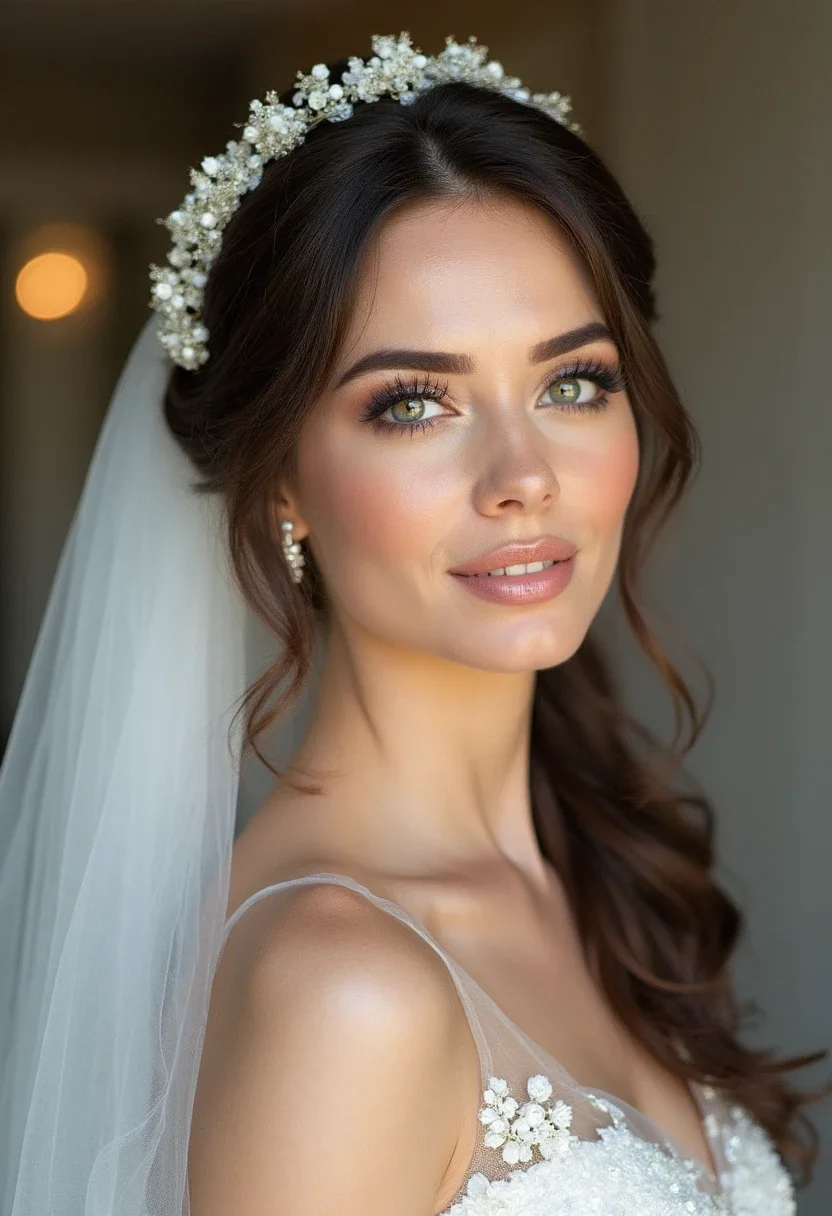 Bride with half-up half-down hairstyle and elbow veil