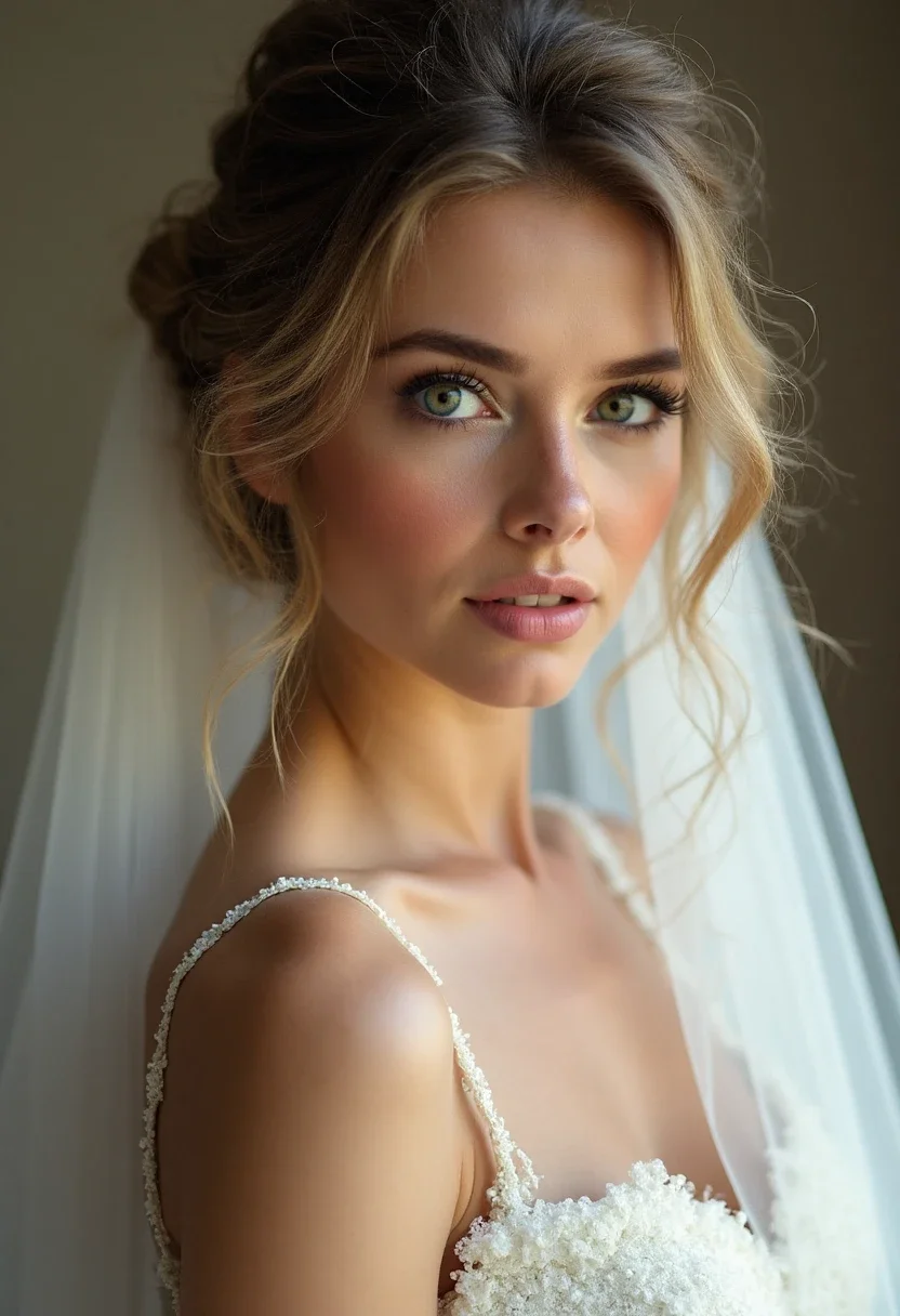 Bride with messy bun and shoulder veil