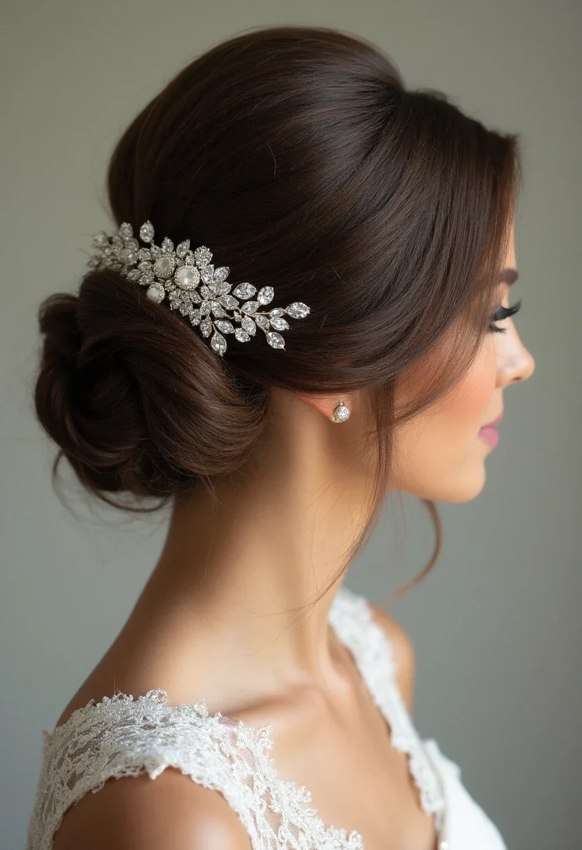 Bride wearing a classic chignon hairstyle with a jeweled comb.