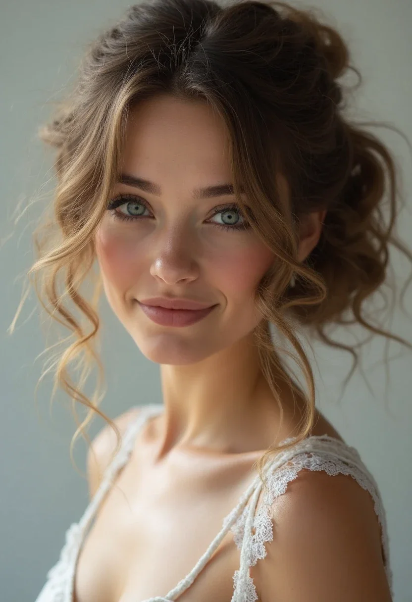 Bride with a voluminous messy bun and loose curls framing her face.