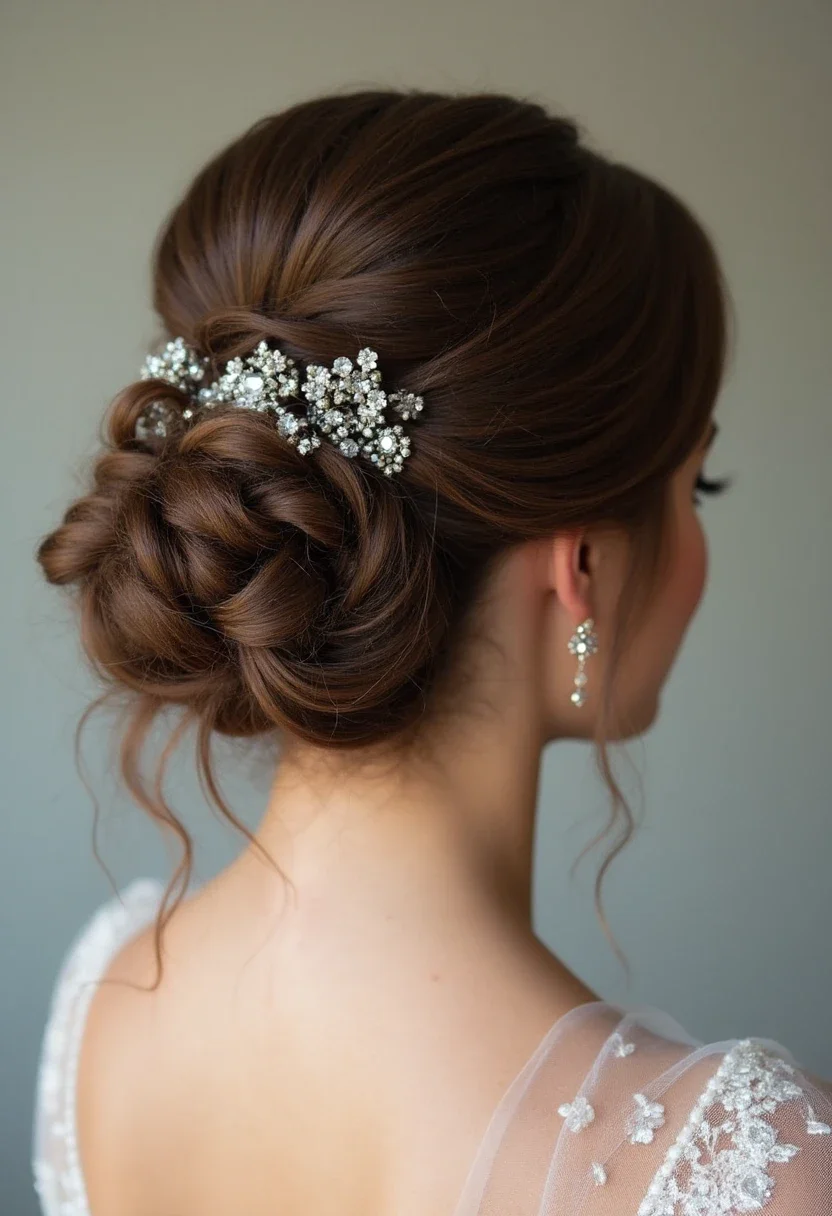 Bride with two stacked buns and jewel adornments.