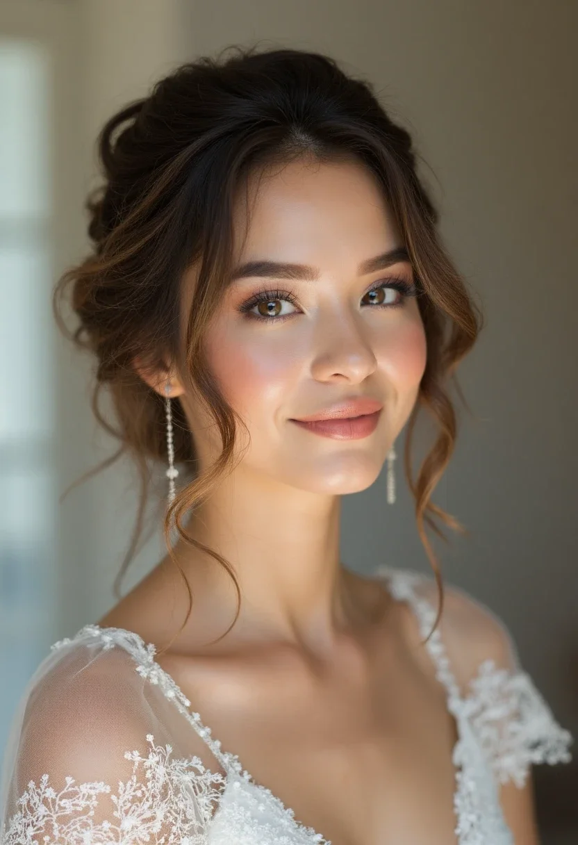 Bride with a loose bun and soft curls.