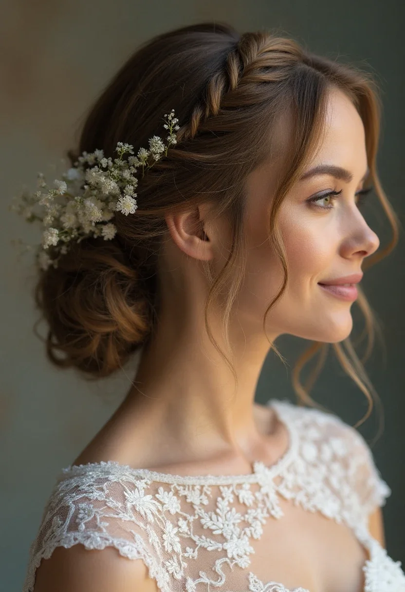 Bride wearing a low bun with intricate twists and floral adornments.