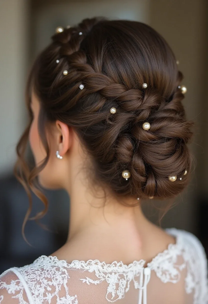 Bride with a braided bun and pearl adornments.