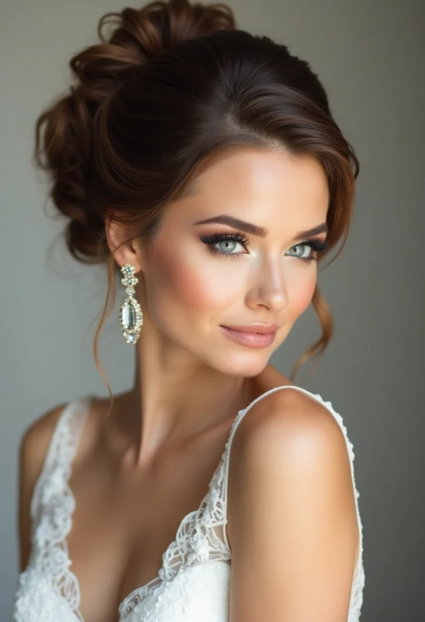 Bride with a sleek, polished bun and bold accessories.