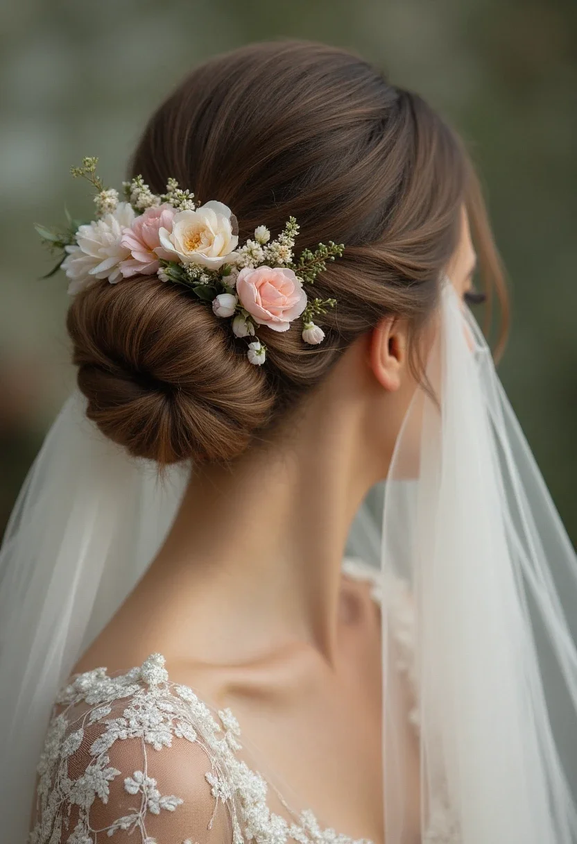 Bride with a bun decorated with fresh flowers.