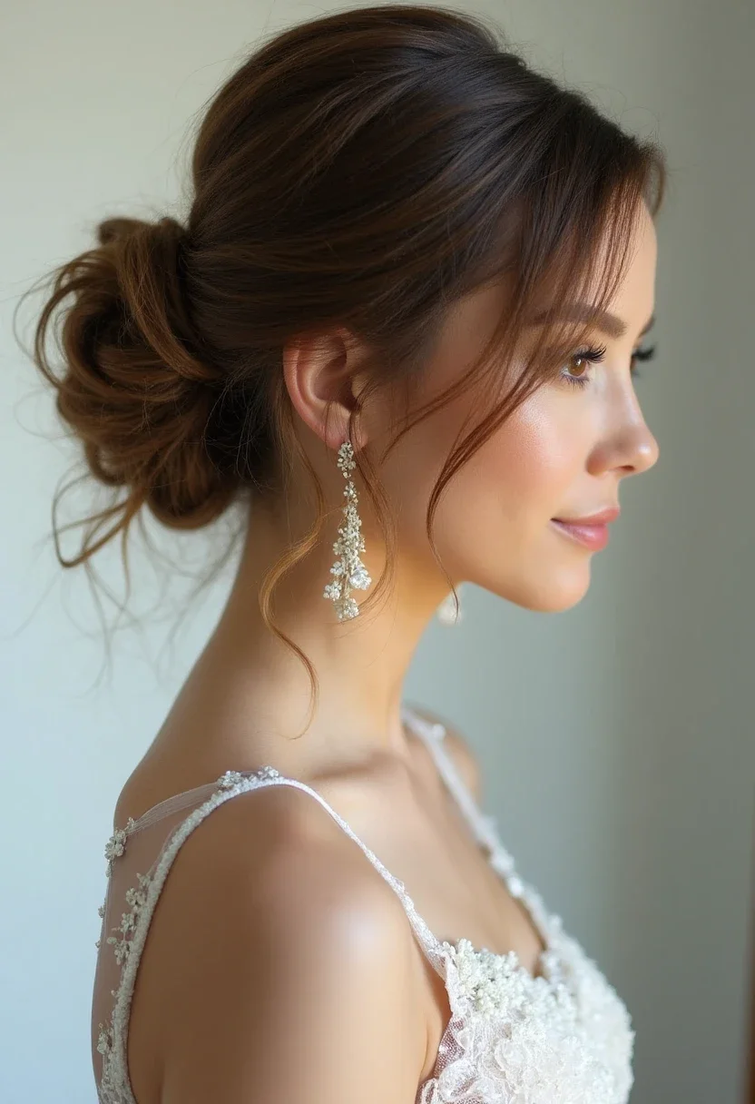 Bride with a side-positioned bun and soft curls.