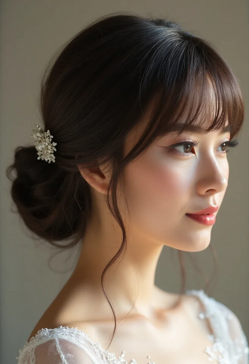 Bride with a low bun and straight bangs.