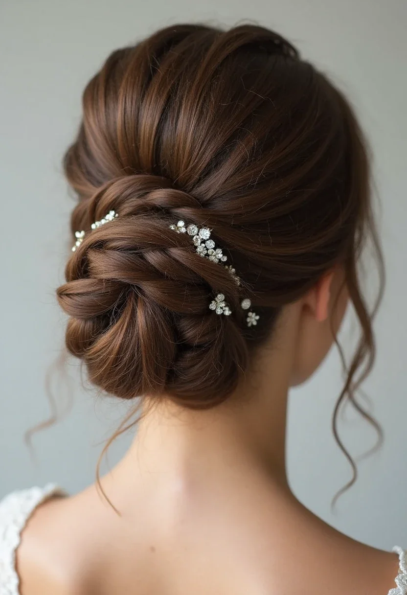 Bride with a twisted bun and decorative hairpins.