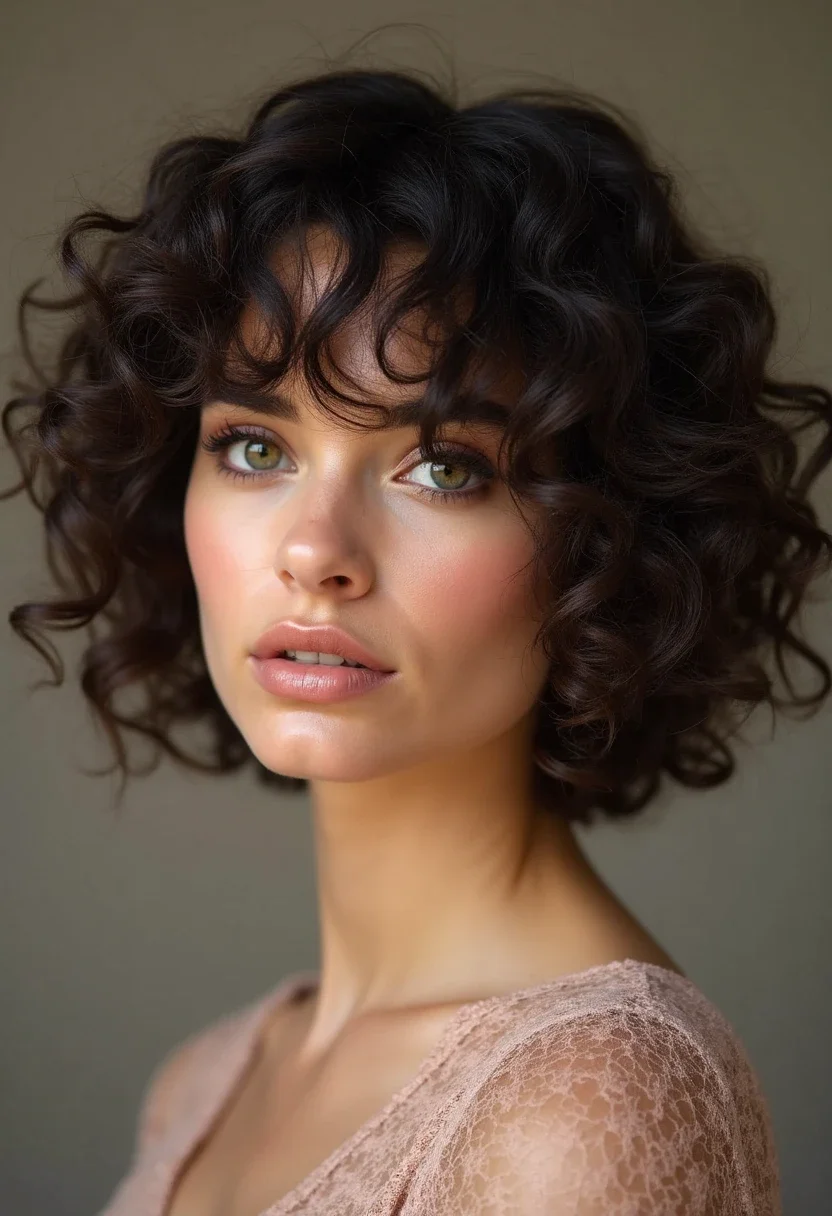 Curly choppy bob with bouncy curls and textured layers.