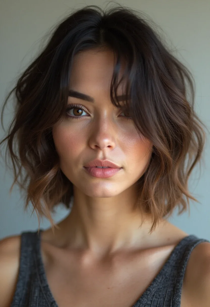 Layered choppy bob with depth and dimension for fine hair.