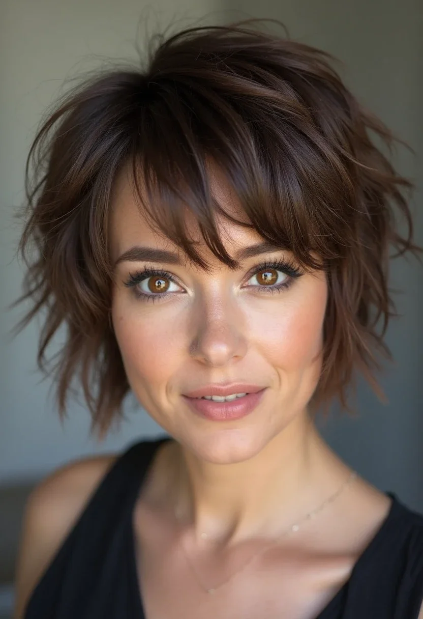Pixie choppy bob with short, bold, and textured layers.