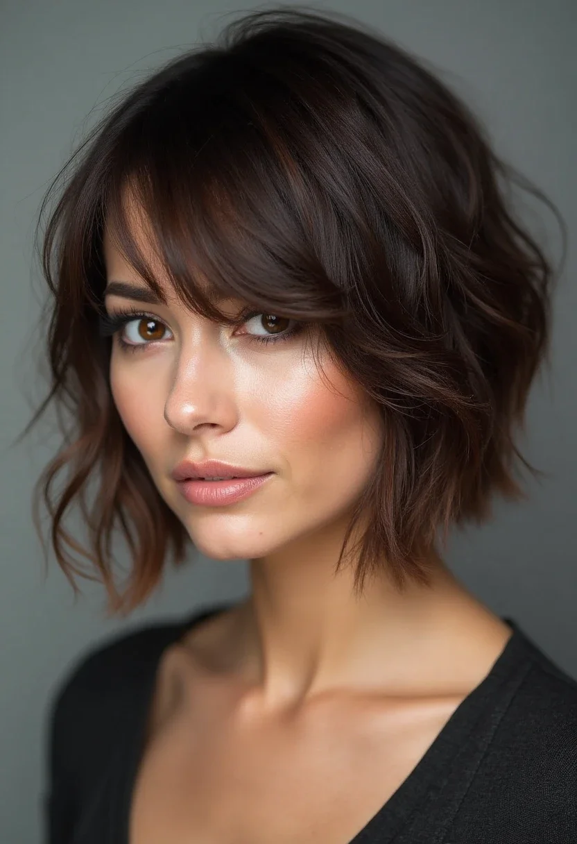 Graduated choppy bob with layers increasing towards the front.