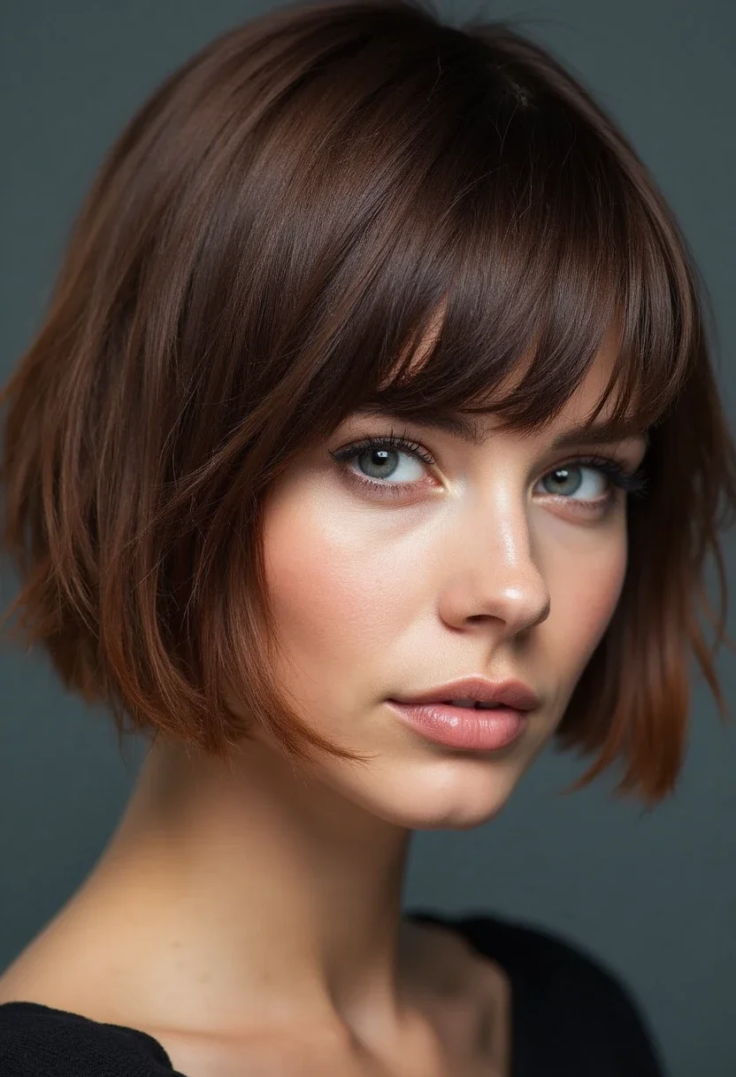 Inverted choppy bob with shorter back and longer front for edgy look.