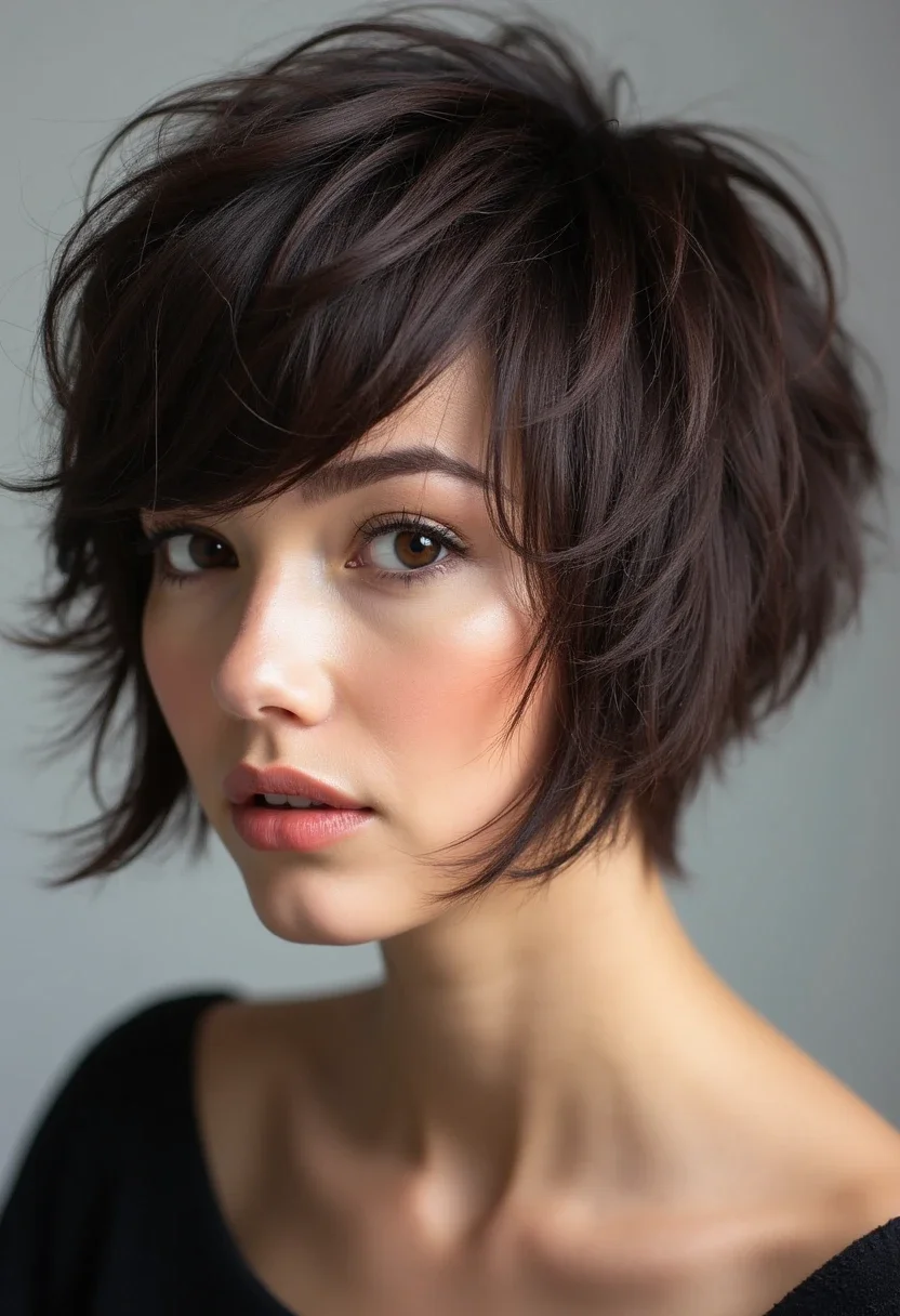 Shaggy choppy bob with textured and playful layers.