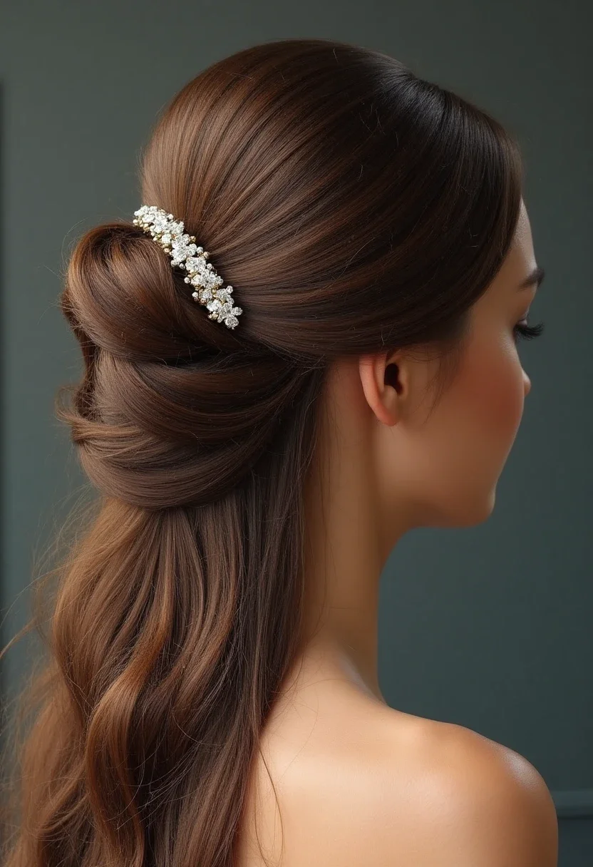 Woman with a classic French twist hairstyle secured with a claw clip.