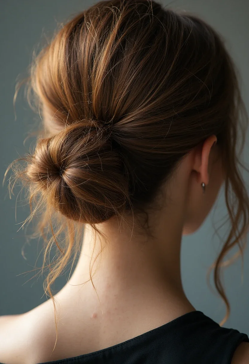 Long hair styled into a messy bun with a claw clip.