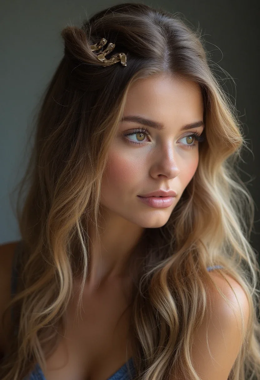 Half-up half-down hairstyle with a claw clip at the crown.