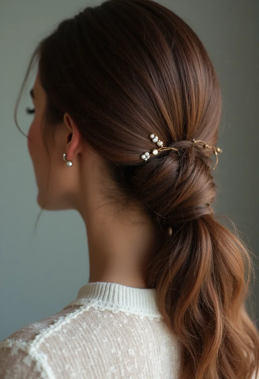 Low chignon hairstyle secured with a claw clip.