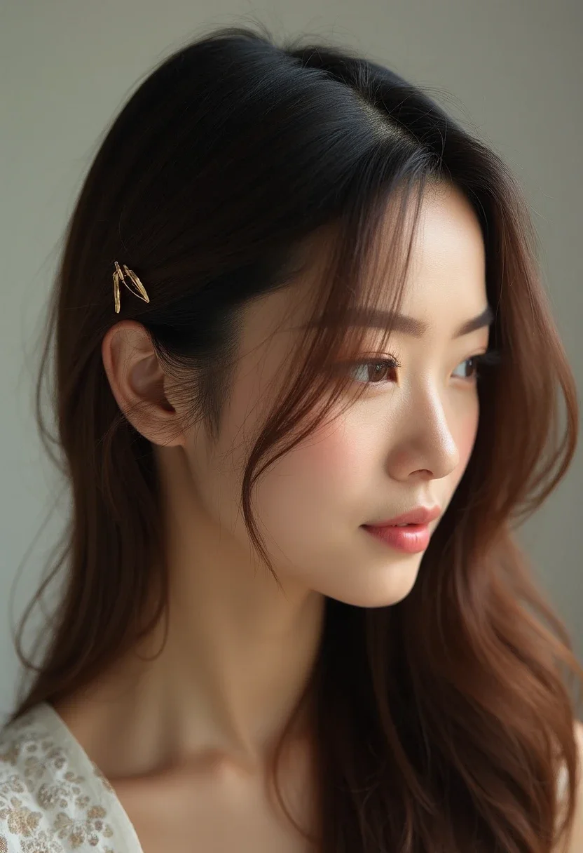 Side swept hairstyle with a claw clip behind the ear.