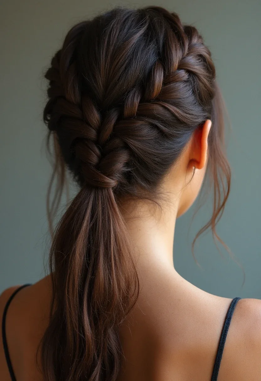 Braided updo hairstyle secured with a claw clip.