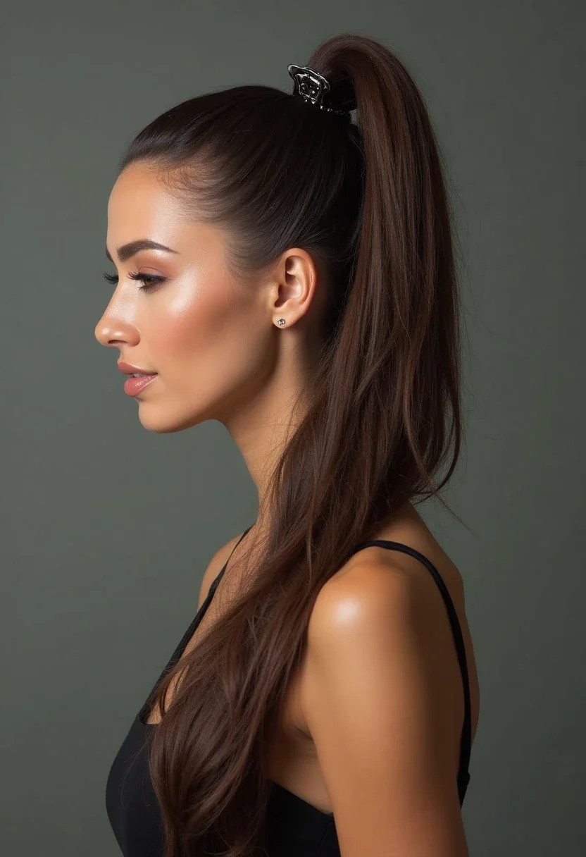 High ponytail hairstyle with a claw clip at the crown.