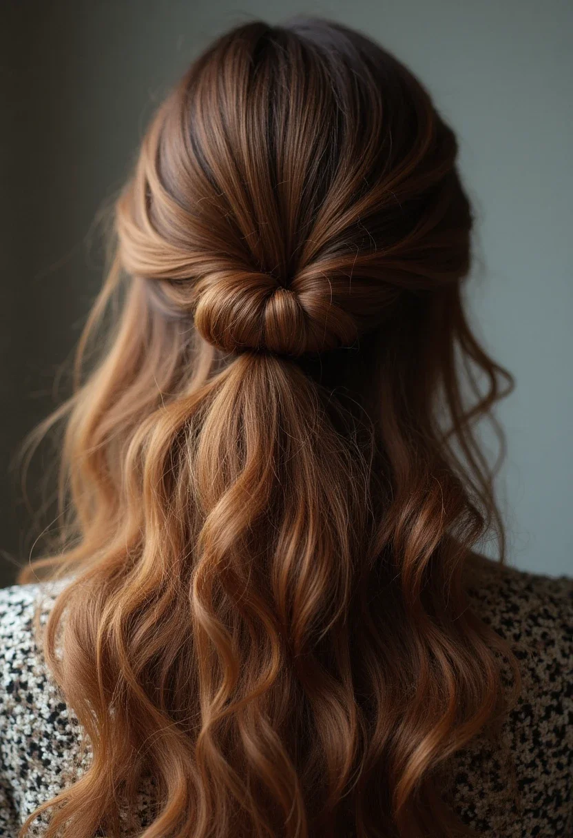 Loose waves hairstyle with a claw clip at the back.