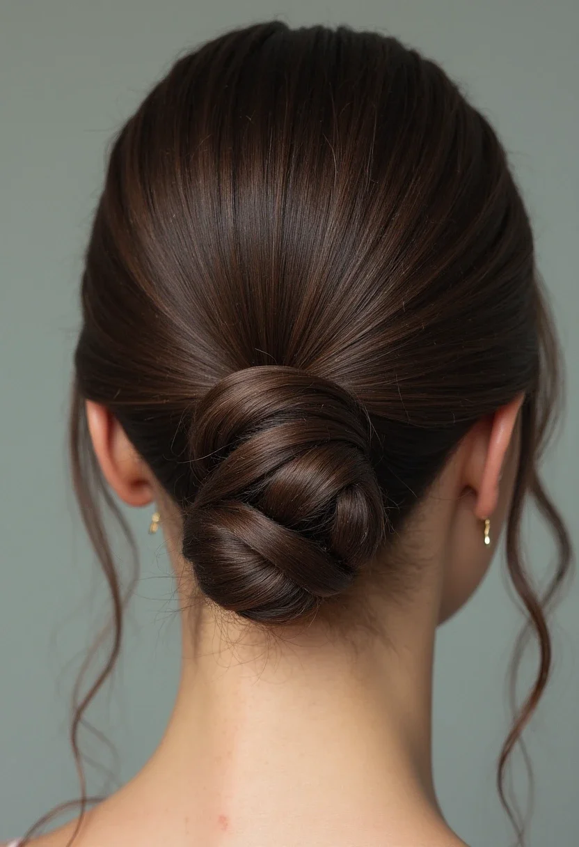 Sleek bun hairstyle with a claw clip at the center.