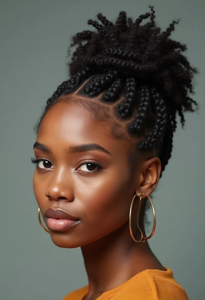 Half-up, half-down coco twist hairstyle.