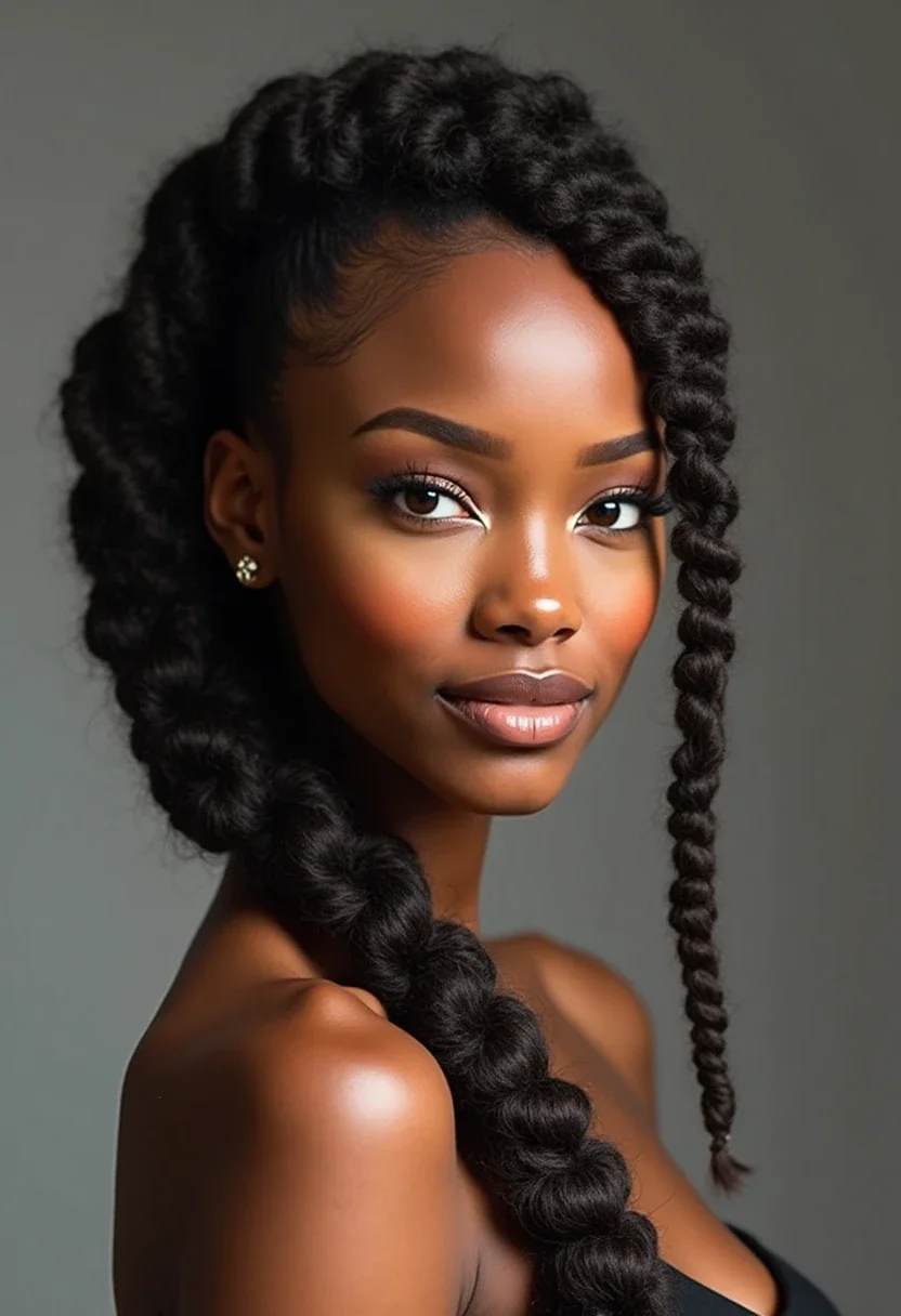 Side swept coco twist hairstyle.