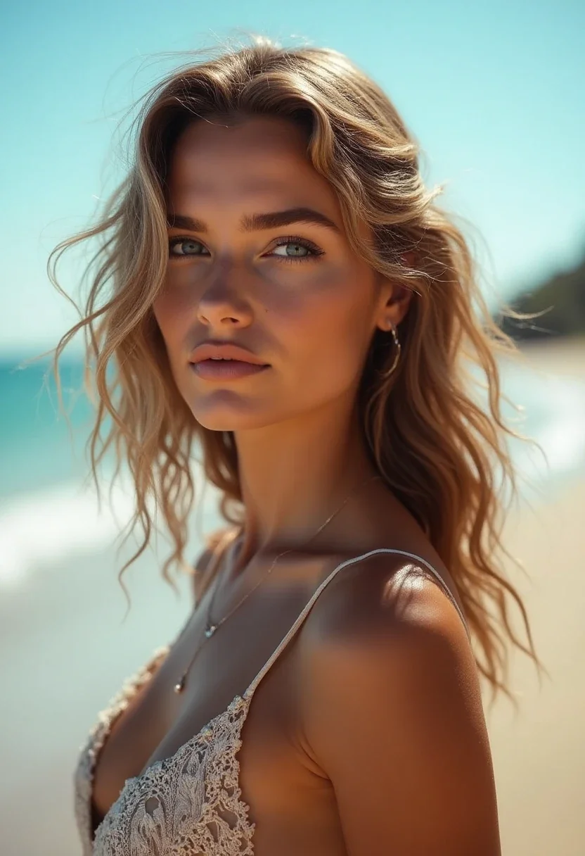 Medium-length hair styled in classic beach waves with an ocean backdrop.