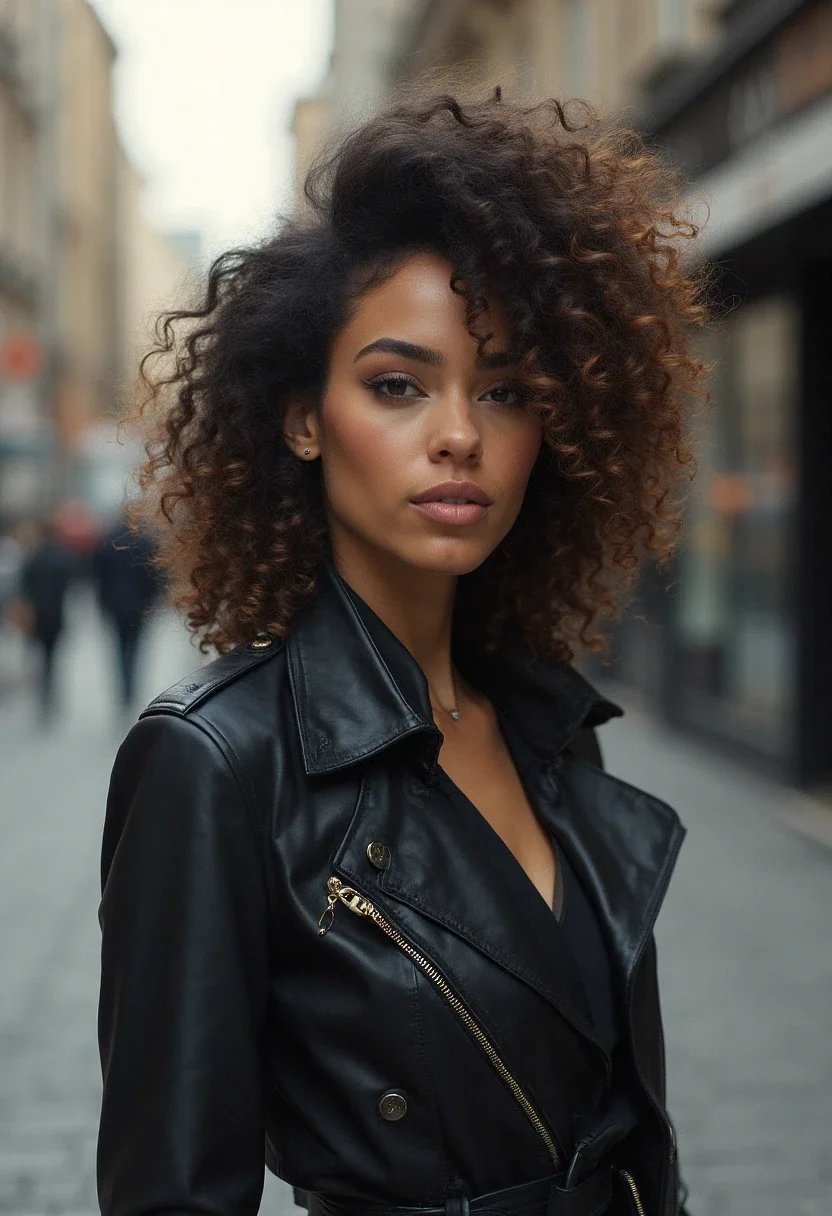 Voluminous curly lob hairstyle worn by a woman in a cityscape.