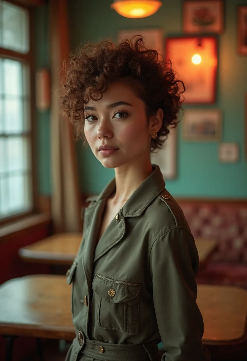 Curly shag hairstyle in a vintage-themed setting.