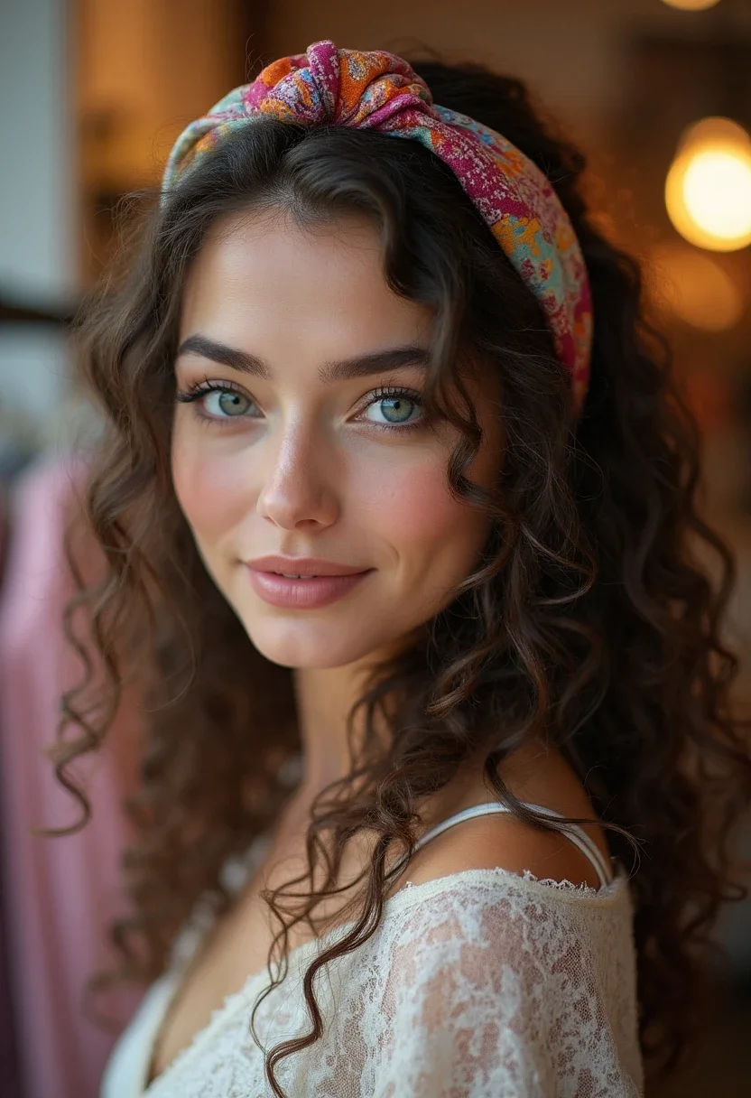 Accessorized curls with a colorful headband in a boutique.