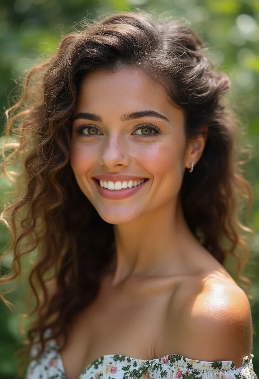 Medium curly hair styled half-up half-down in a garden setting.