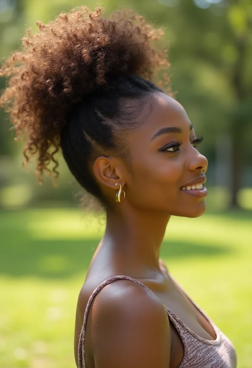 Messy curly bun hairstyle in a sunny park setting.