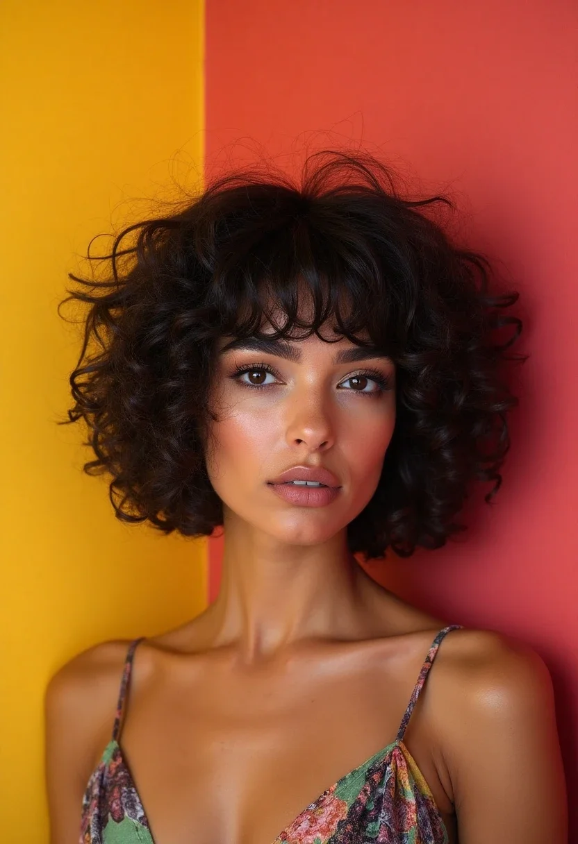 Curly bob with bangs, styled against a colorful background.