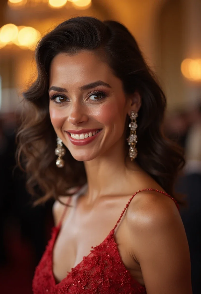 Side-swept curls at a formal gala event.