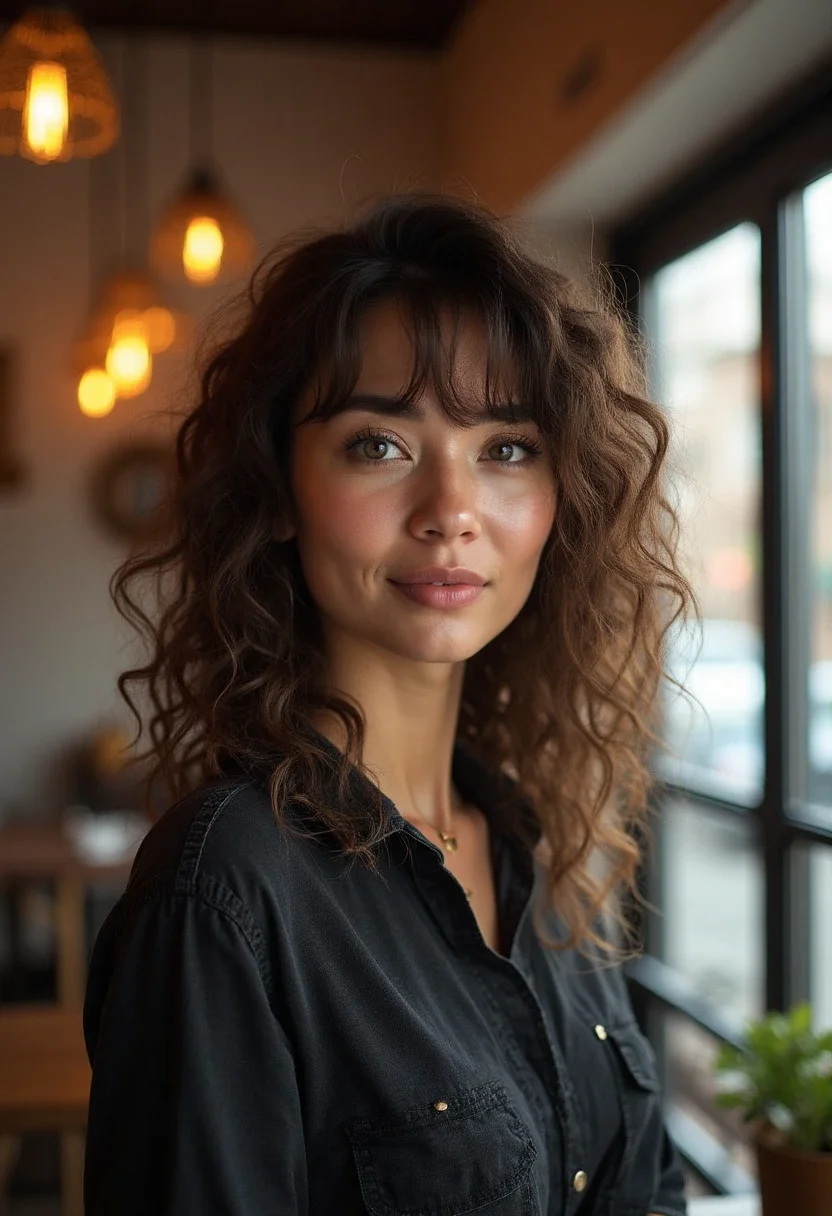 Curly fringe hairstyle in a stylish café setting.