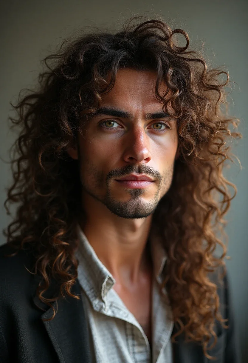 Man with a long curly mullet hairstyle